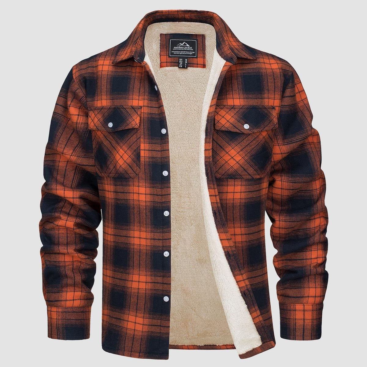 Plaid fleece-lined jacket in orange and black, button-up front with tan sherpa lining