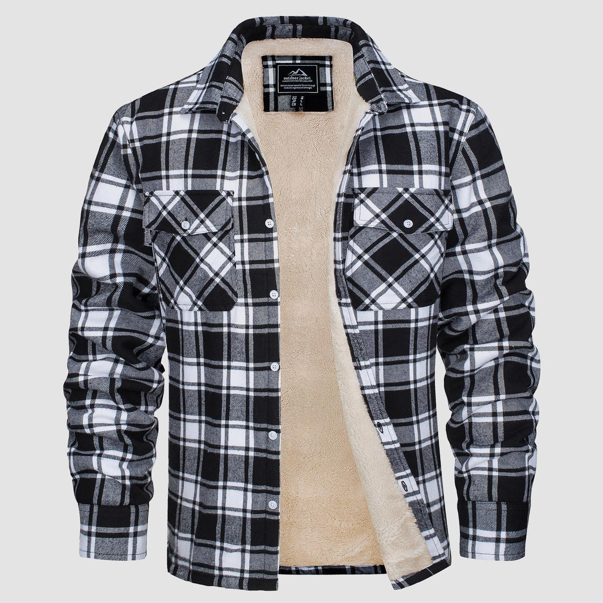 Plaid fleece-lined jacket in dark navy and white, button-up with two chest pockets