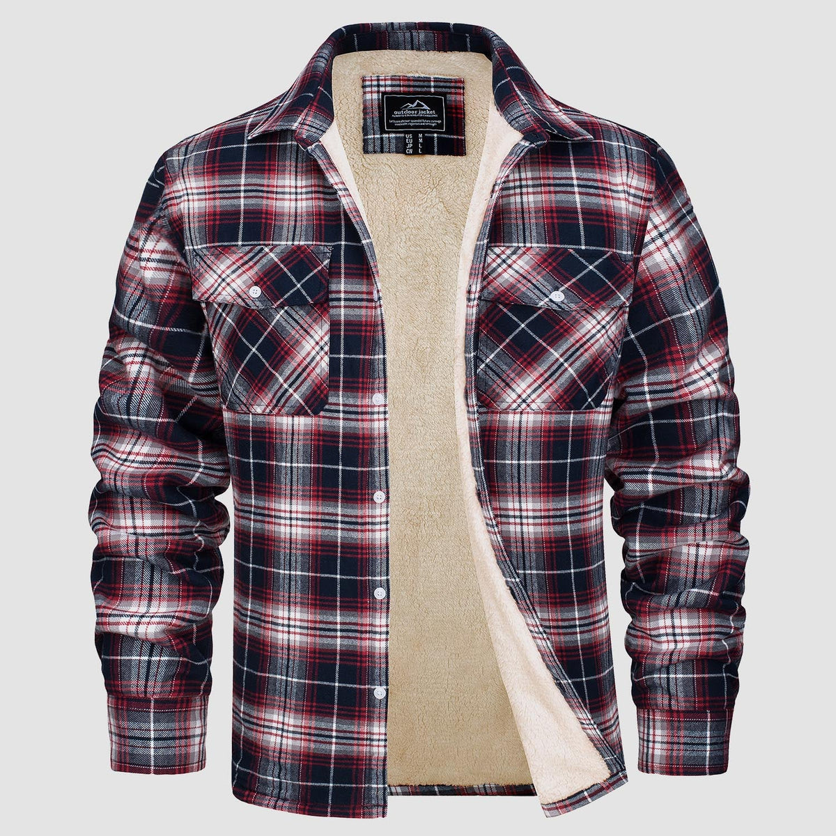 Men’s plaid fleece-lined jacket in red, white, and navy with tan fleece lining