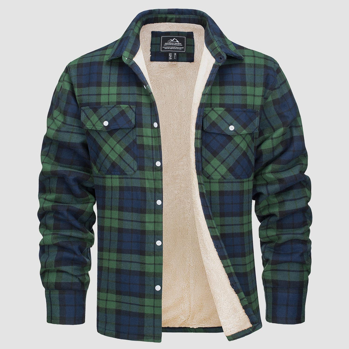 Men’s plaid fleece-lined jacket in green and navy with tan fleece lining and chest pockets