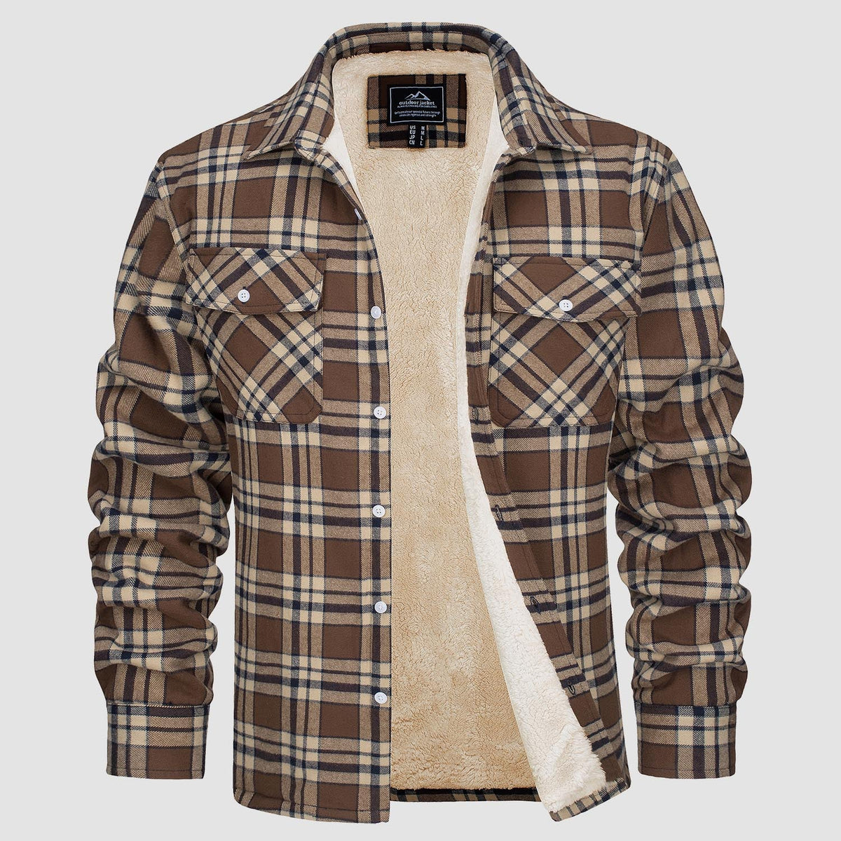 Men's plaid fleece-lined jacket in brown and tan check with cream sherpa lining visible