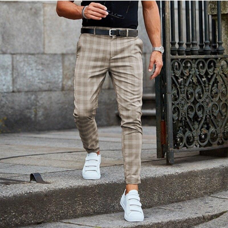 Men's khaki checkered straight-leg trousers, belt loops, button fly