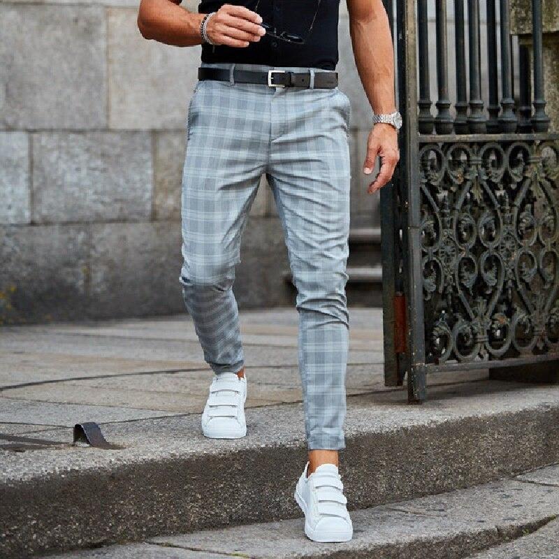 Men's light gray checkered straight-leg trousers, belt loops, button fly