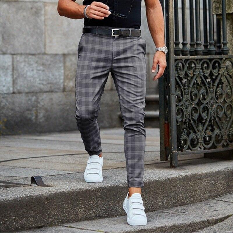 Men's dark gray checkered straight-leg trousers, belt loops, button fly