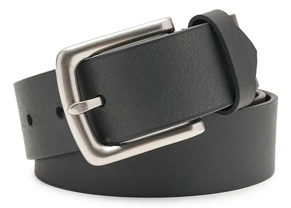 Black leather casual dress belt with silver-tone rectangular buckle