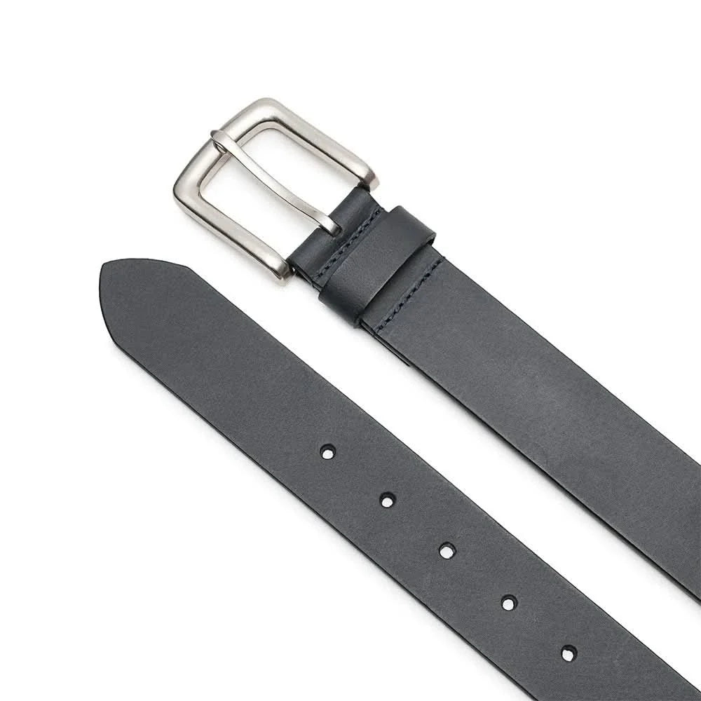 Black leather belt with silver square buckle and several round punched holes