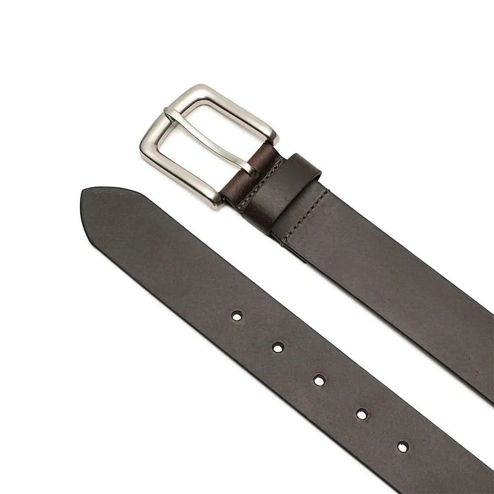 Dark brown leather belt with square silver buckle and punched adjustment holes
