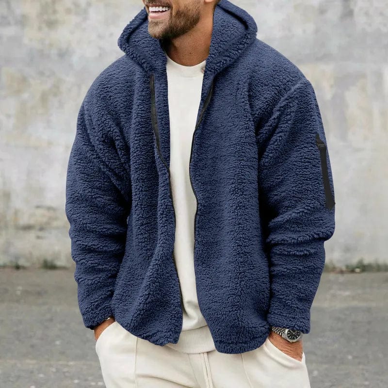 Navy blue sherpa fleece hooded jacket with zip front and side pockets