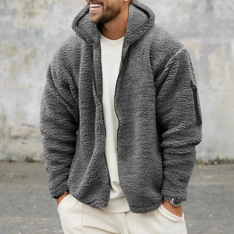 Gray sherpa fleece hooded jacket with full front zipper and side pockets
