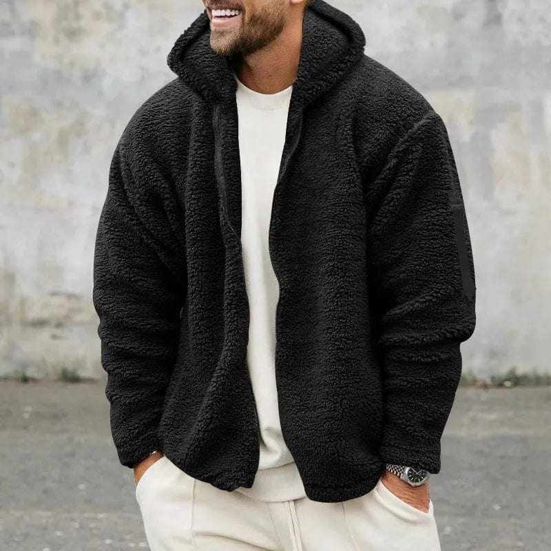 Black sherpa fleece hooded jacket with full front zipper and side pockets