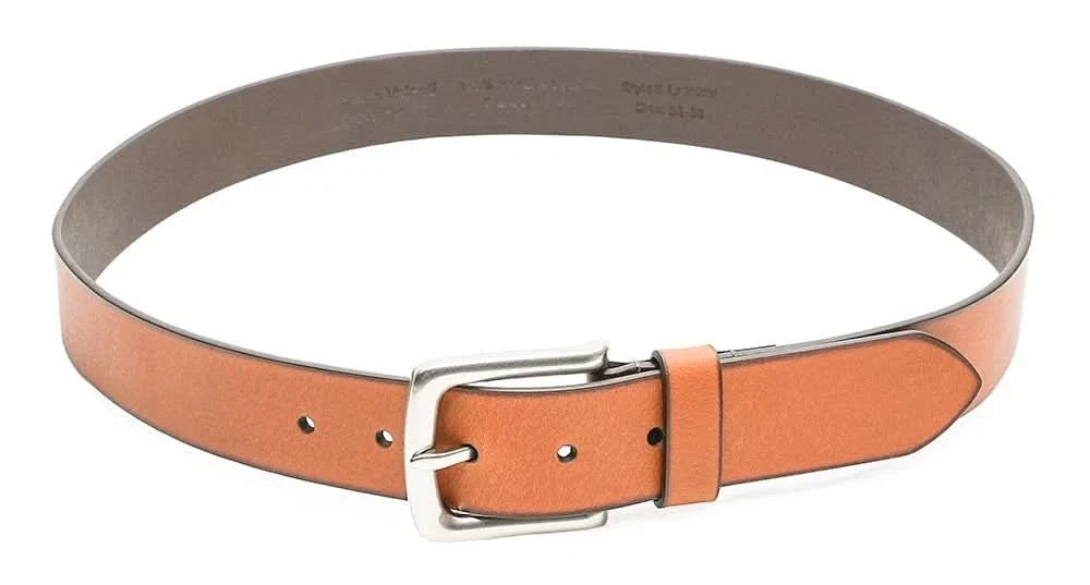 Cognac-brown leather belt with silver buckle and five punched adjustment holes