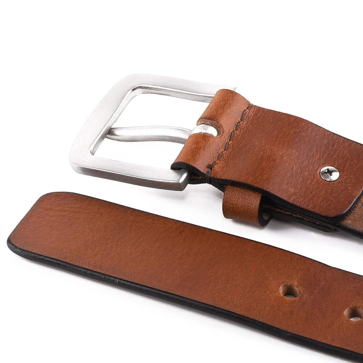 Cognac-brown leather belt with silver buckle and visible adjustment holes