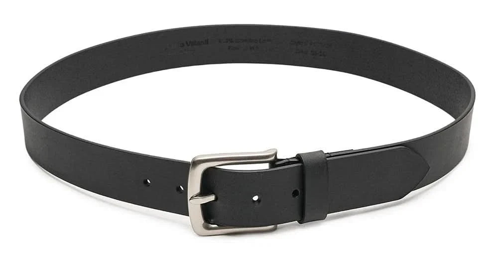 Black leather belt shown flat with rectangular silver-tone buckle and adjustment holes