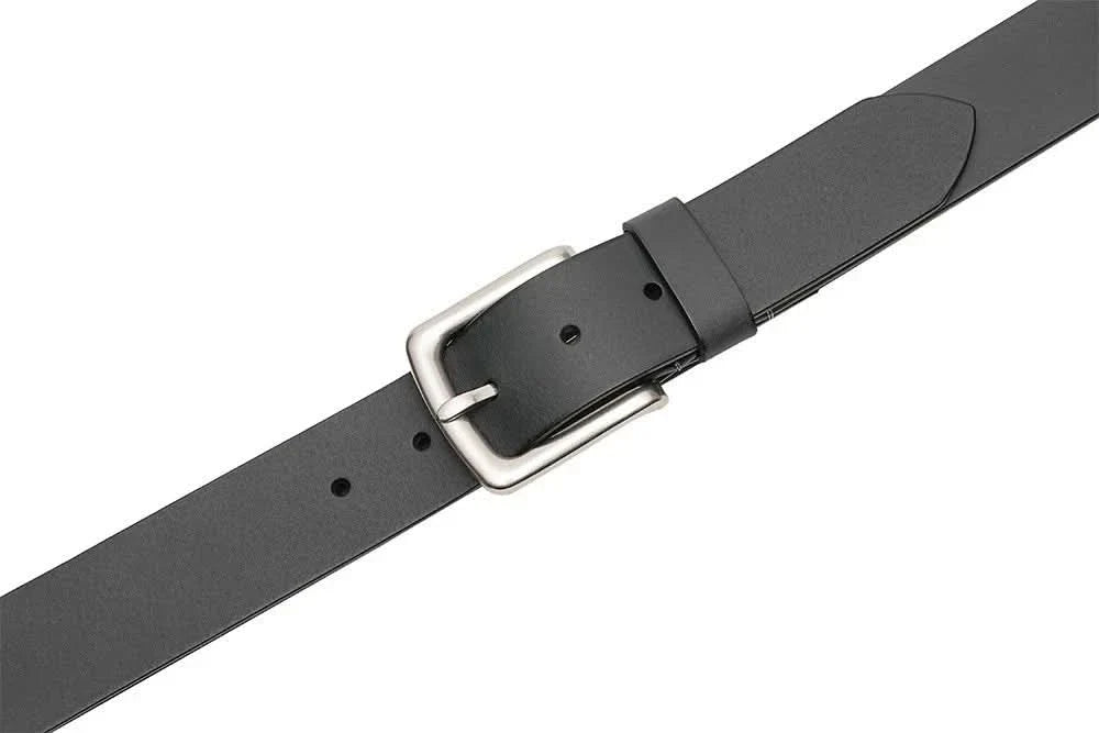 Dark gray leather belt with silver-tone buckle and punched hole row