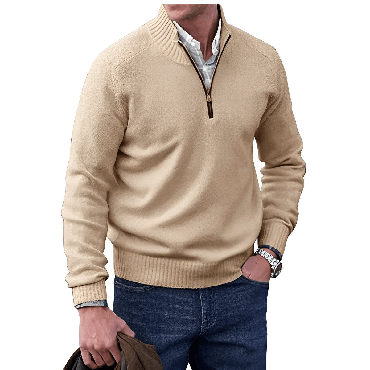 Men's quarter-zip raglan knit sweater in khaki, ribbed cuffs and hem.