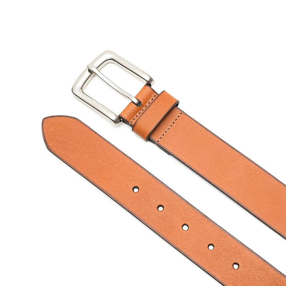 Cognac-brown leather belt with silver square buckle and five adjustment holes