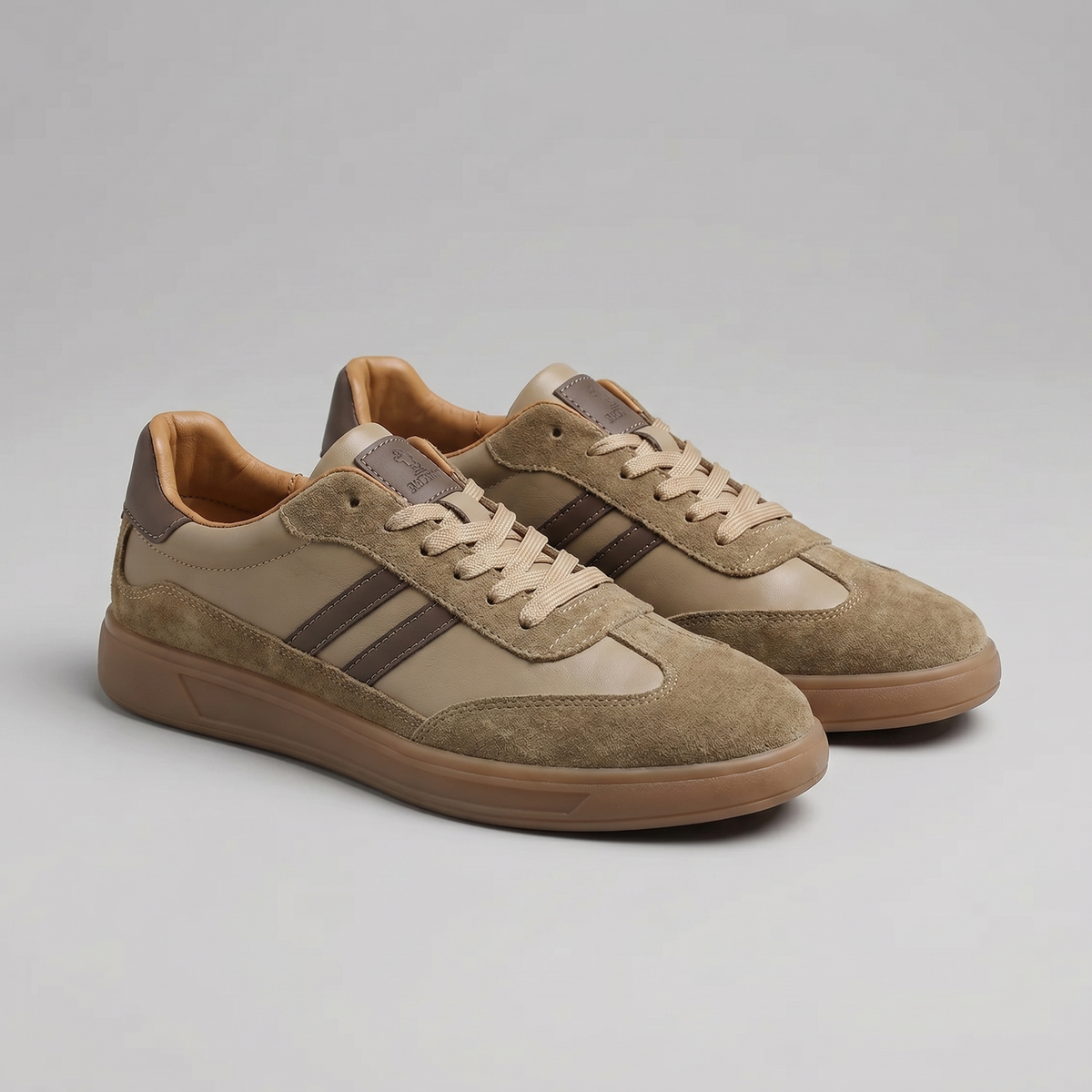 Men's retro lace-up sneakers, tan suede with brown stripes and lace-up front