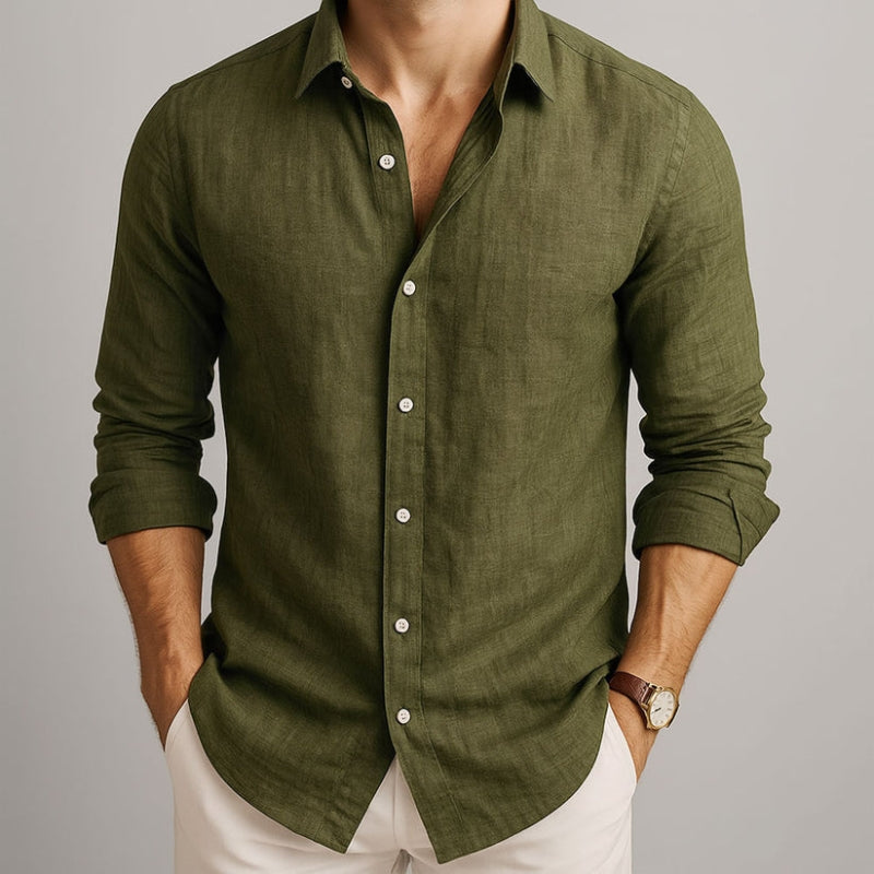 Olive green linen-look spread-collar button-up shirt with long sleeves and white buttons.