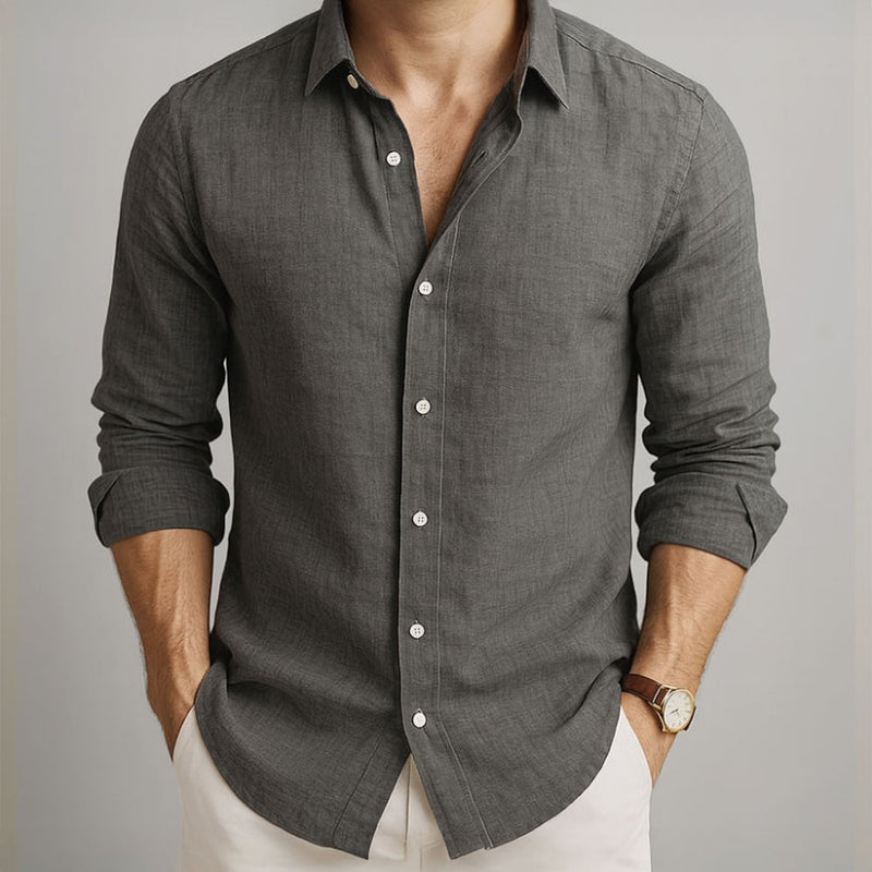 Gray linen-look spread-collar button-up shirt with long sleeves and white button placket.