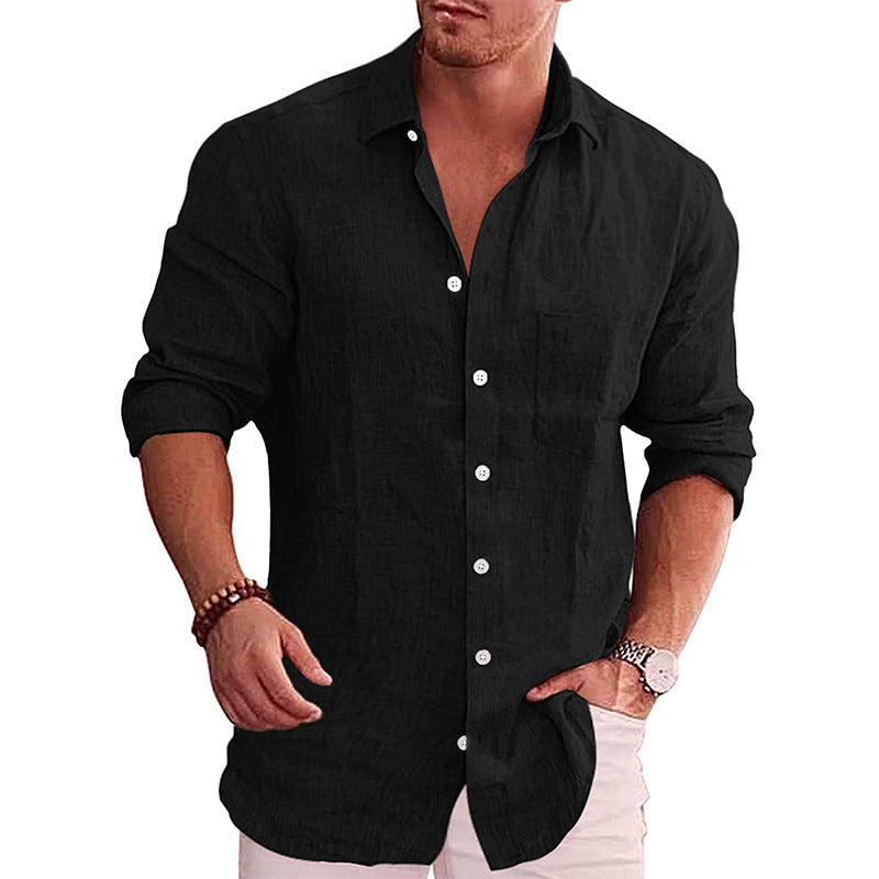 Black linen-look spread-collar button-up shirt with long sleeves and white button placket.