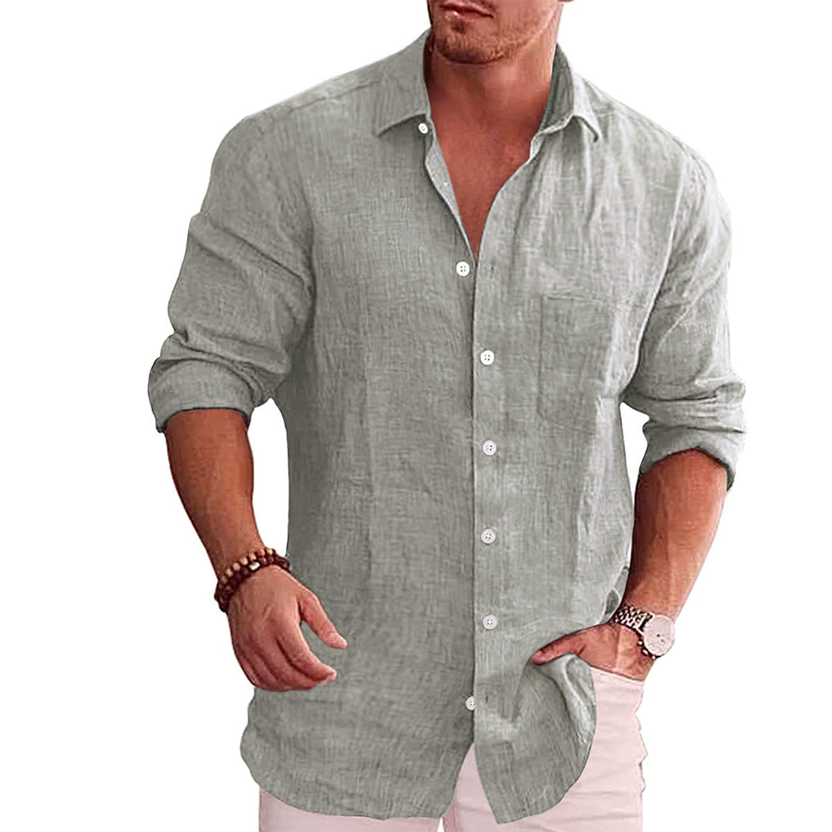 Light gray linen-look spread-collar button-up shirt with long sleeves and white buttons.