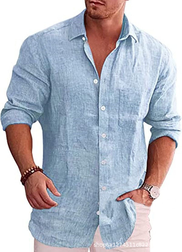 Light blue linen-look spread-collar button-up shirt with long sleeves and white buttons.