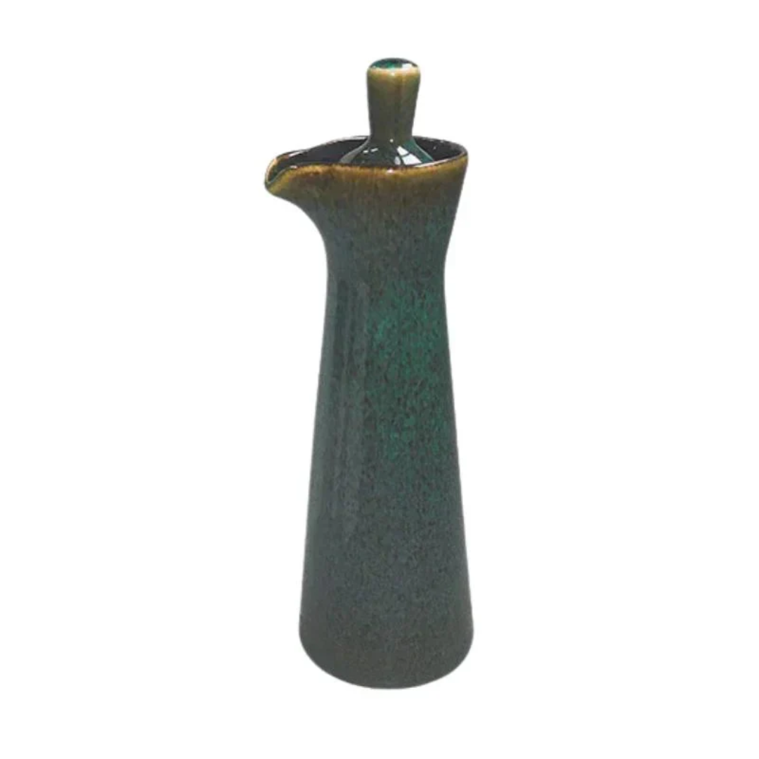 Ceramic oil dispenser, emerald green speckled glaze with short capped spout