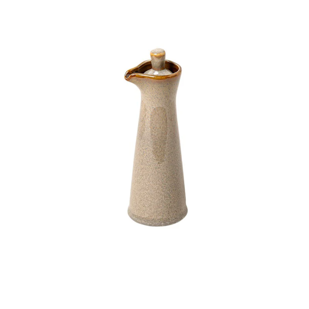 Ceramic oil dispenser, beige speckled ceramic with short capped spout