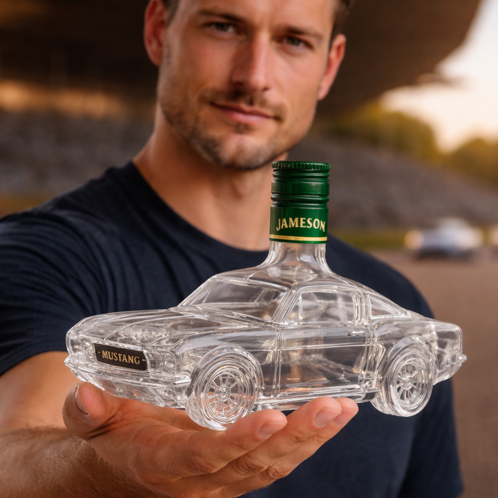 Car-shaped whiskey decanter with green JAMESON label bottle, clear glass Mustang