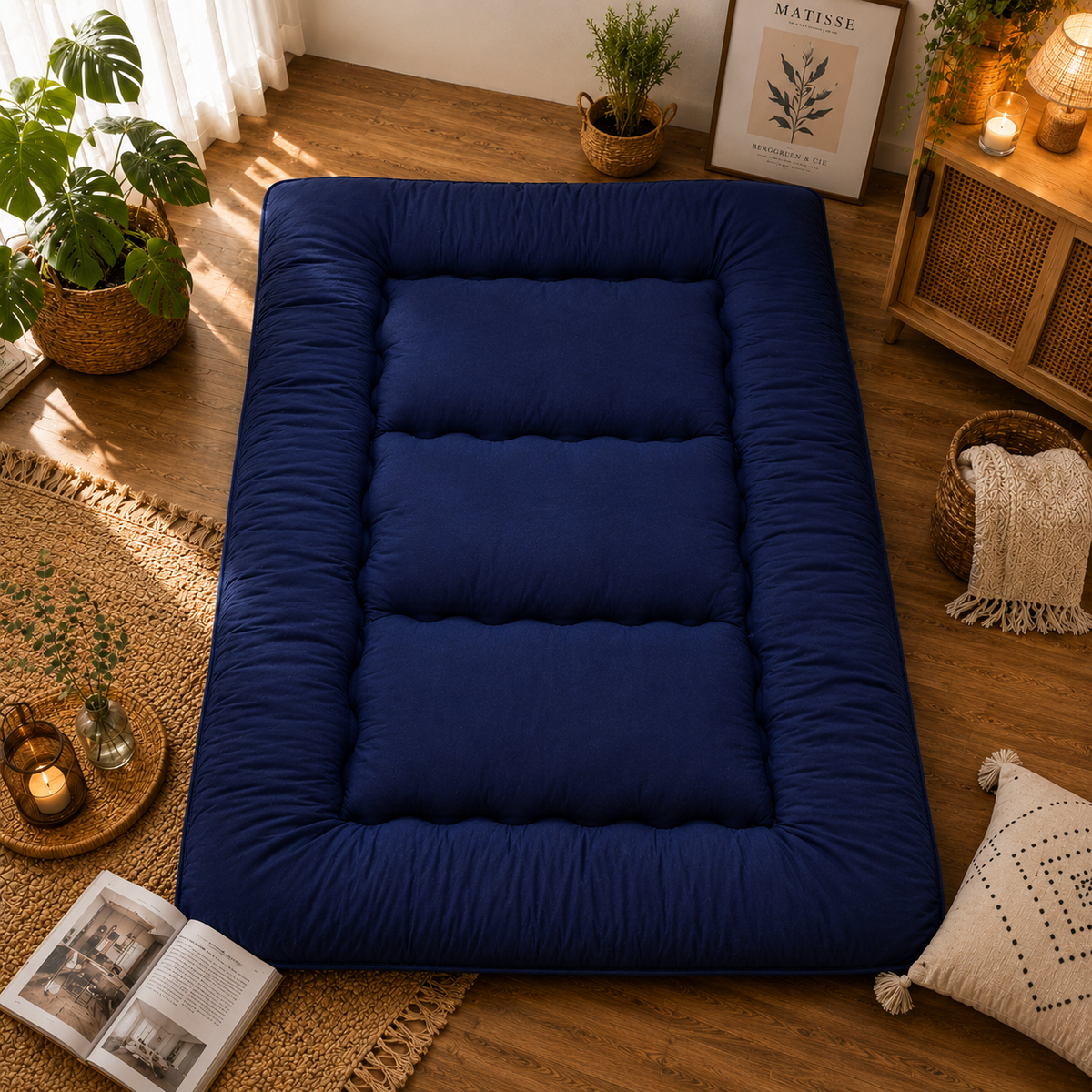 Foldable floor futon mattress, dark navy blue with quilted padded sections