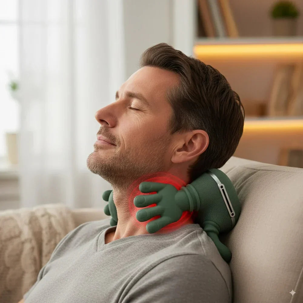 Green neck massager with brown strap on a man’s neck with heat glow