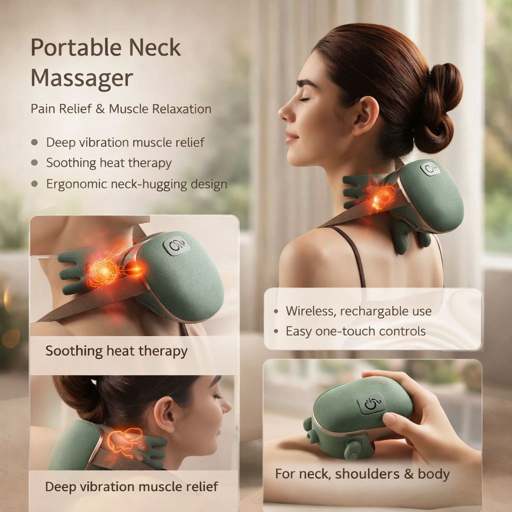 Heat therapy neck massager with green pads and brown strap, worn on neck