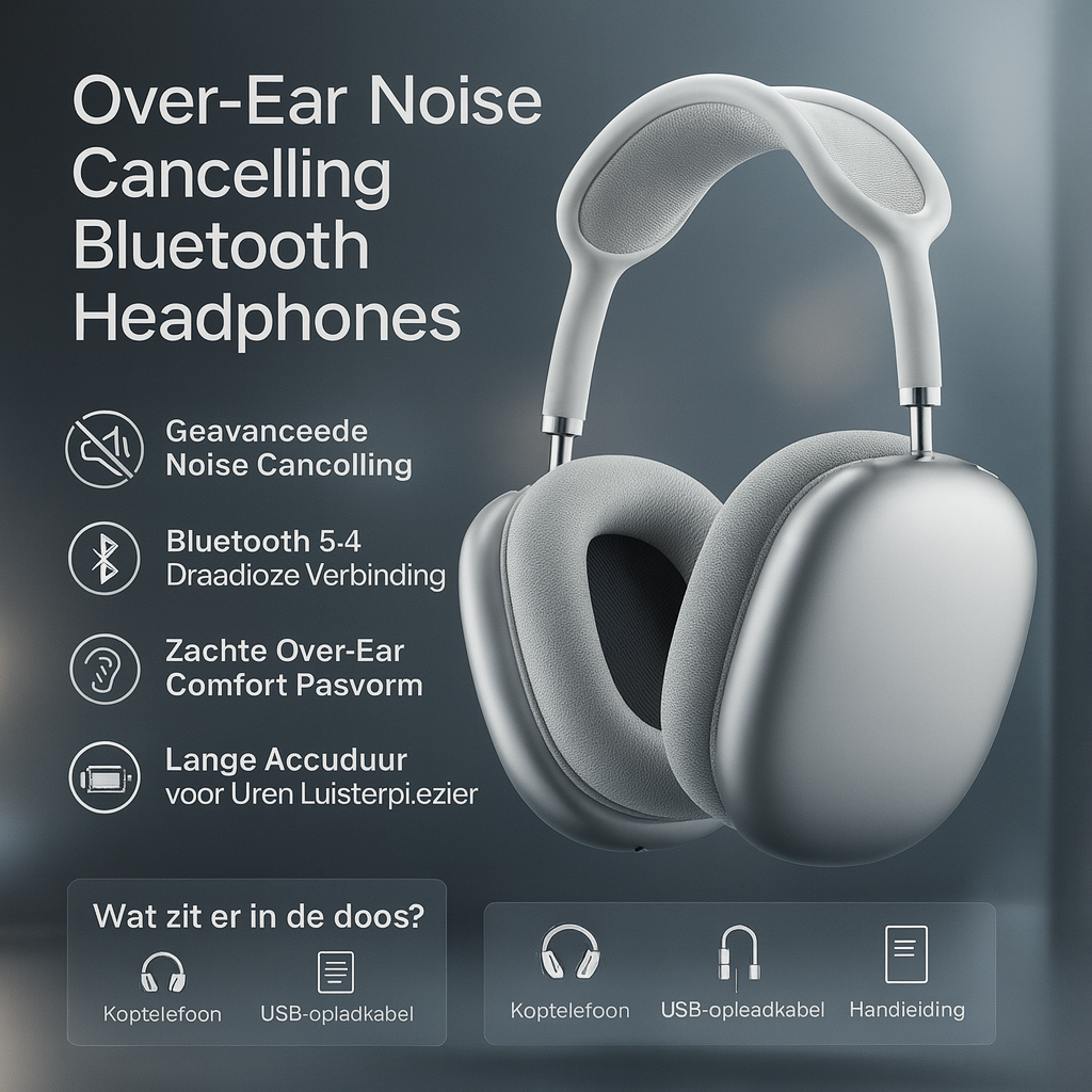 Blue over-ear noise cancelling Bluetooth headphones with cushioned ear pads