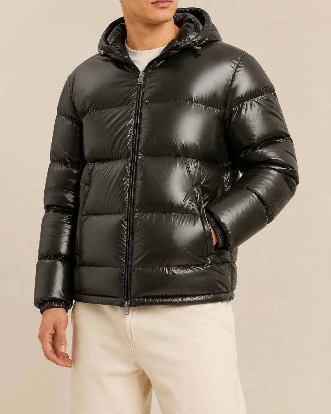Glossy quilted hooded puffer, styled front view