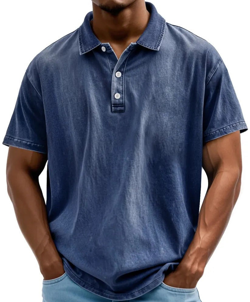 Men's vintage washed polo shirt, dark blue with 3-button placket and short sleeves