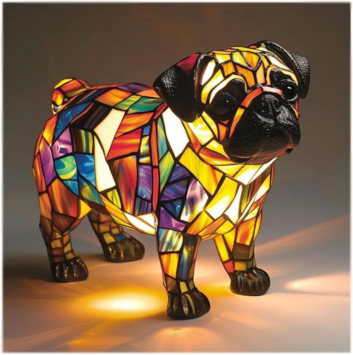 Stained glass dog lamp, black-and-brown dog face with multicolor glass panels.