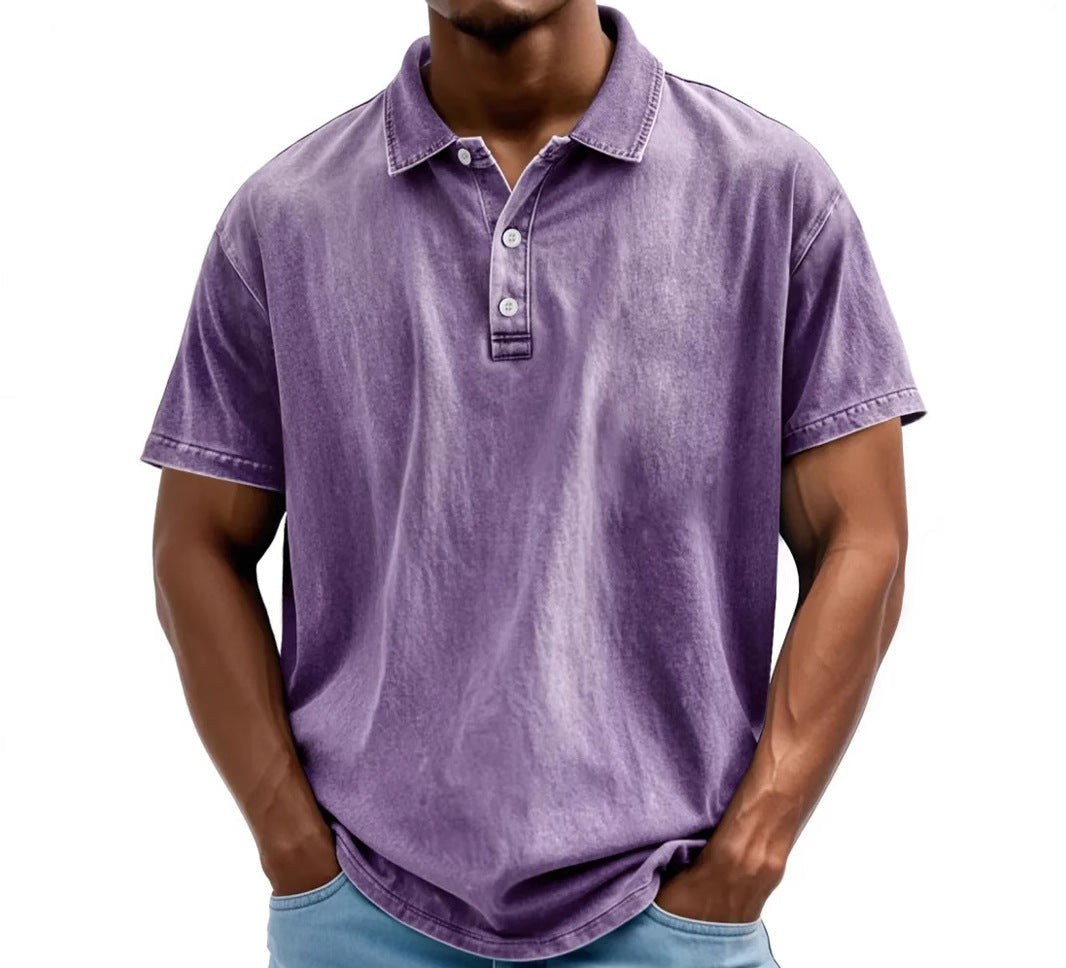 Men's vintage washed polo shirt, purple with 3-button placket and short sleeves