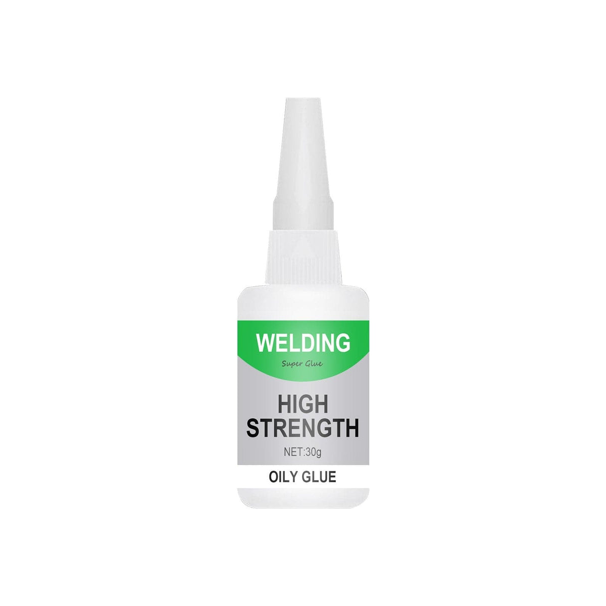 Instant adhesive bottle with green label and white nozzle; high-strength oily glue