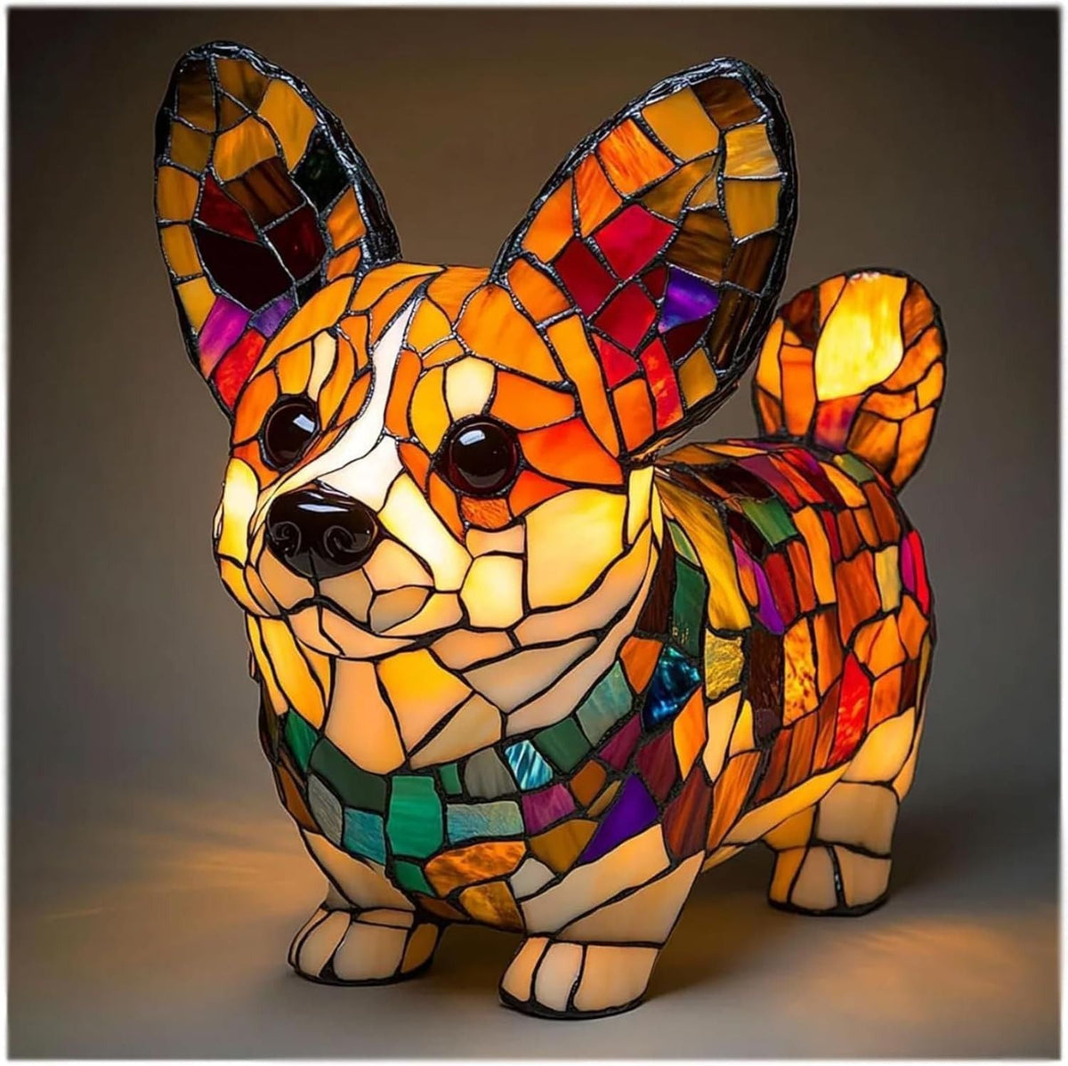 Stained glass dog lamp, close-up front view, multicolor mosaic and glowing LEDs.