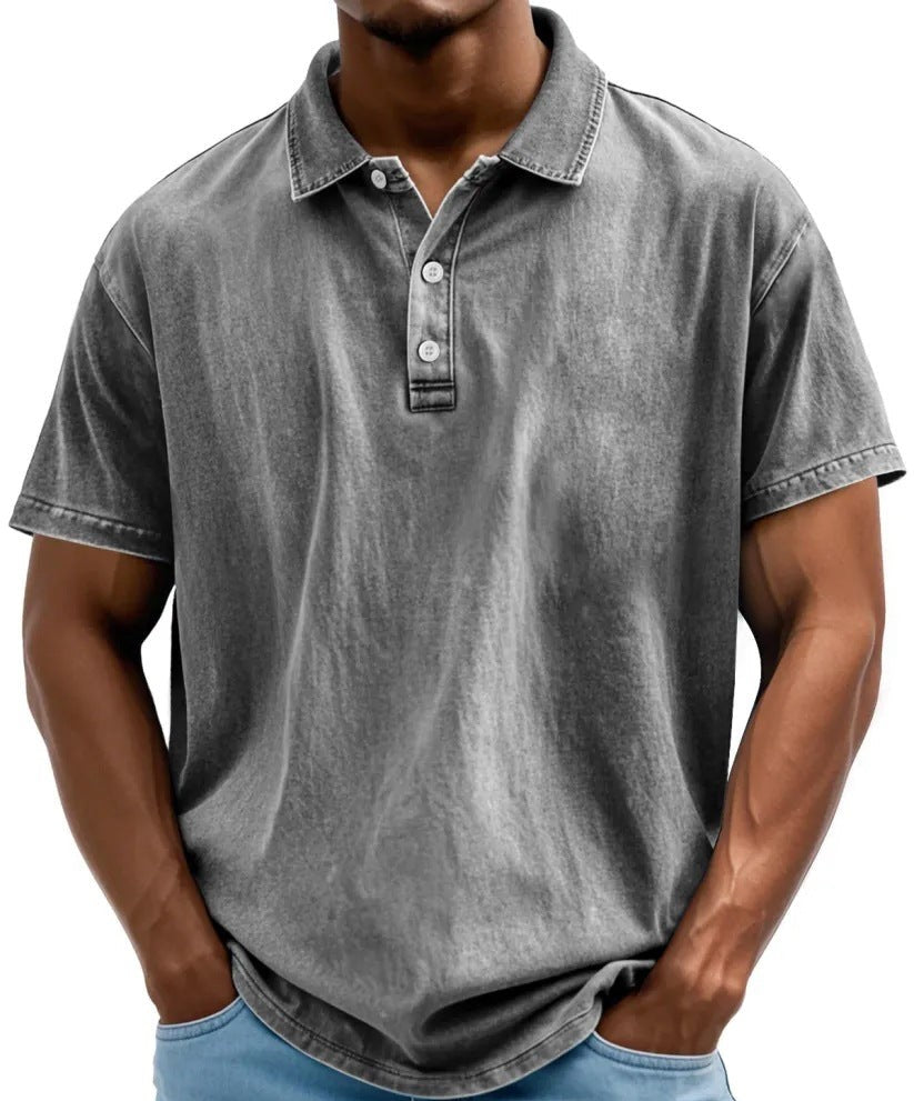 Men's vintage washed polo shirt, gray with 3-button placket and short sleeves