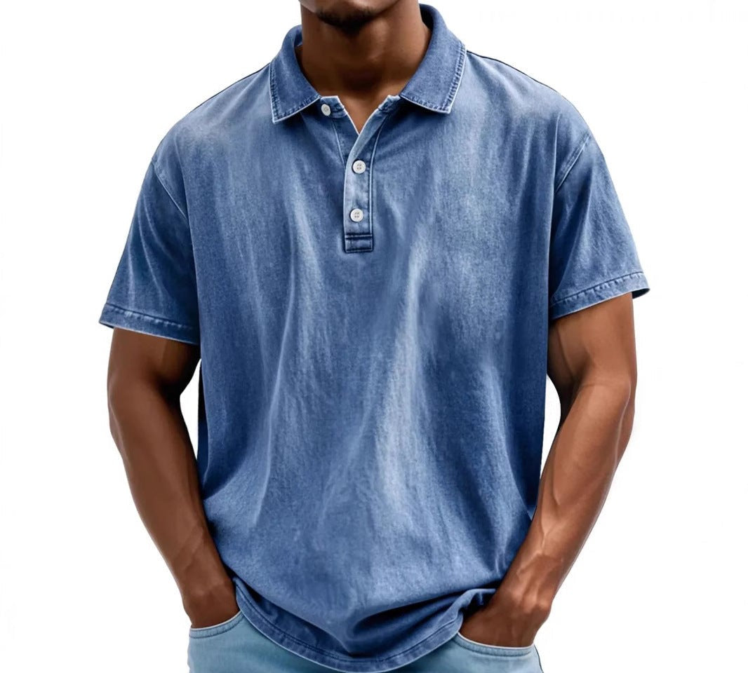Men's vintage washed polo shirt, blue with 3-button placket and short sleeves