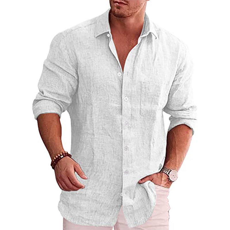 White linen-look spread-collar button-up shirt with long sleeves and button-down front.