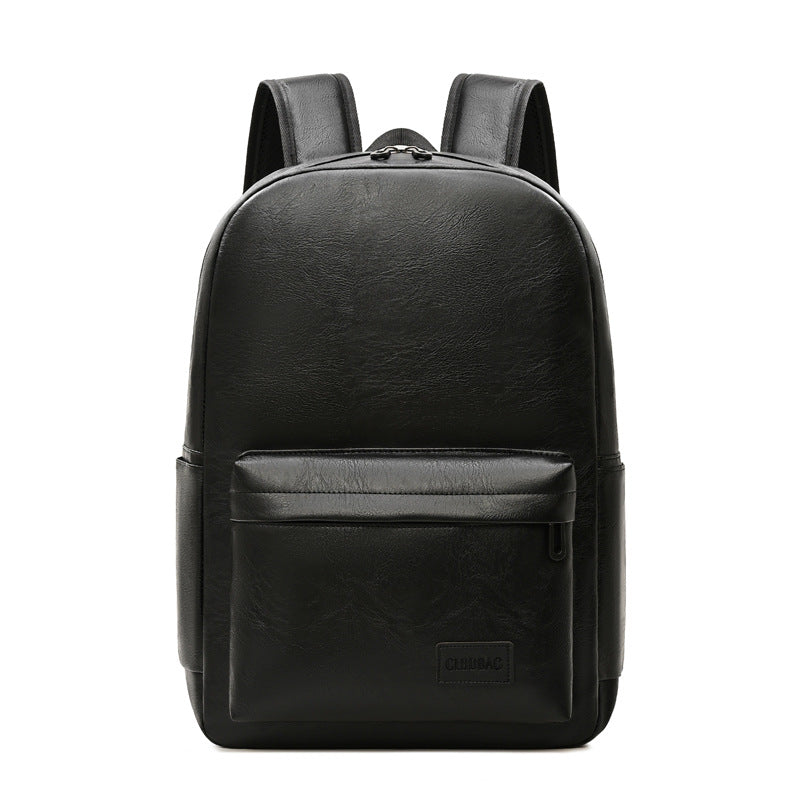 Black vegan leather executive backpack, front pocket and adjustable shoulder straps