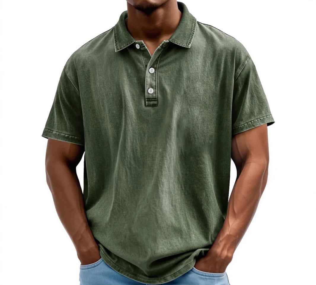 Men's vintage washed polo shirt, dark green with 3-button placket and short sleeves