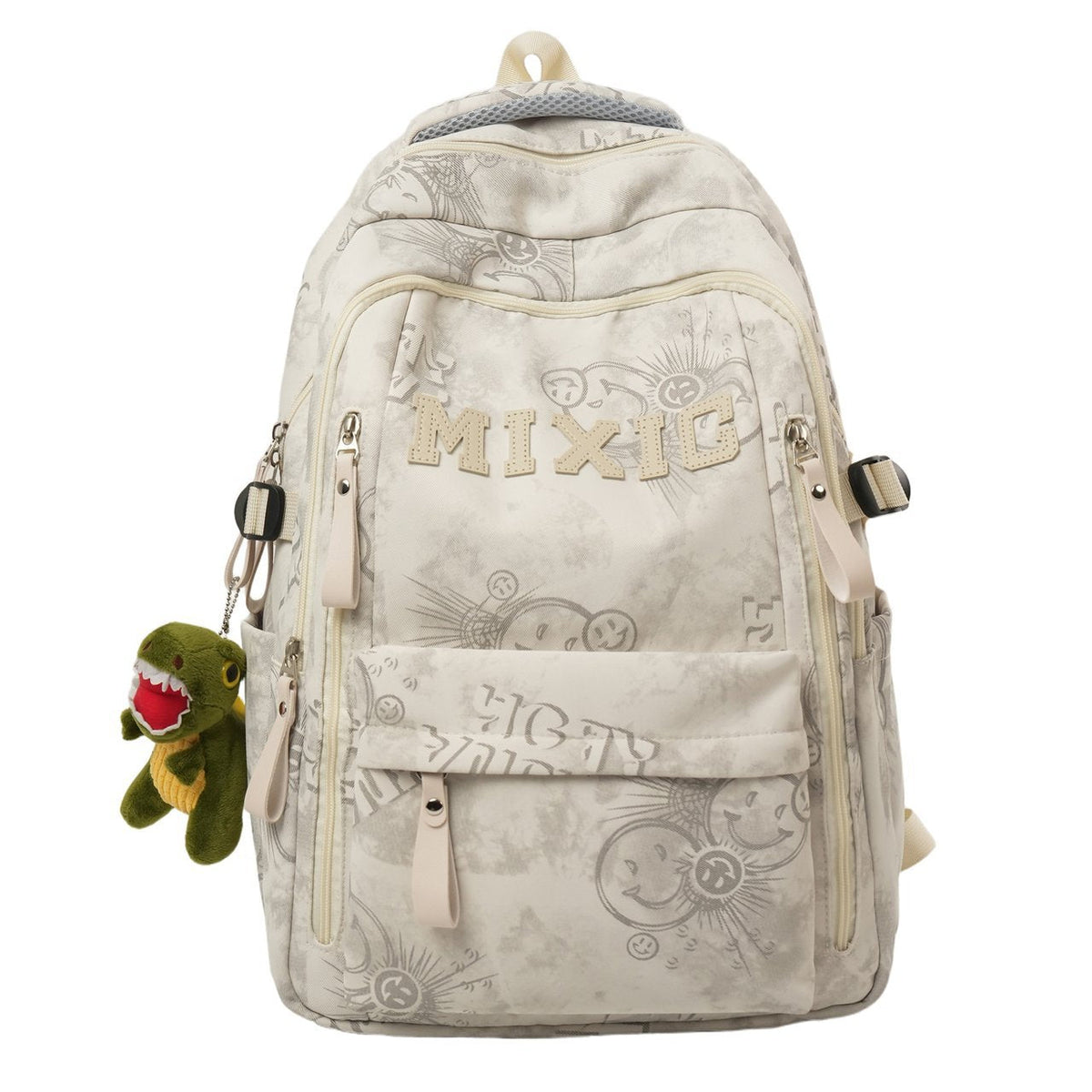 White graphic print backpack with MIXIC logo, front zip pockets and side straps
