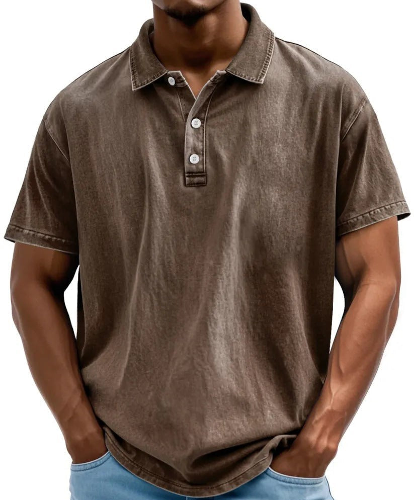 Men's vintage washed polo shirt, brown with 3-button placket and short sleeves