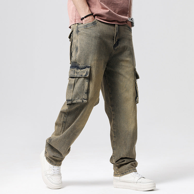 Faded wash utility cargo pants, worn front view