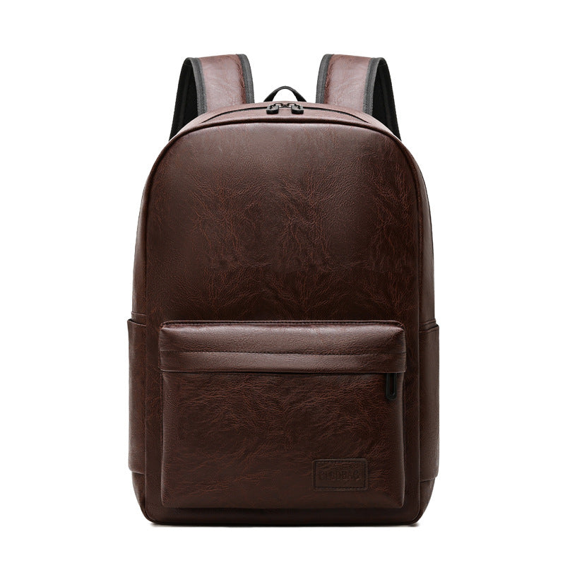 Brown vegan leather executive backpack with front pocket, padded straps, top handle