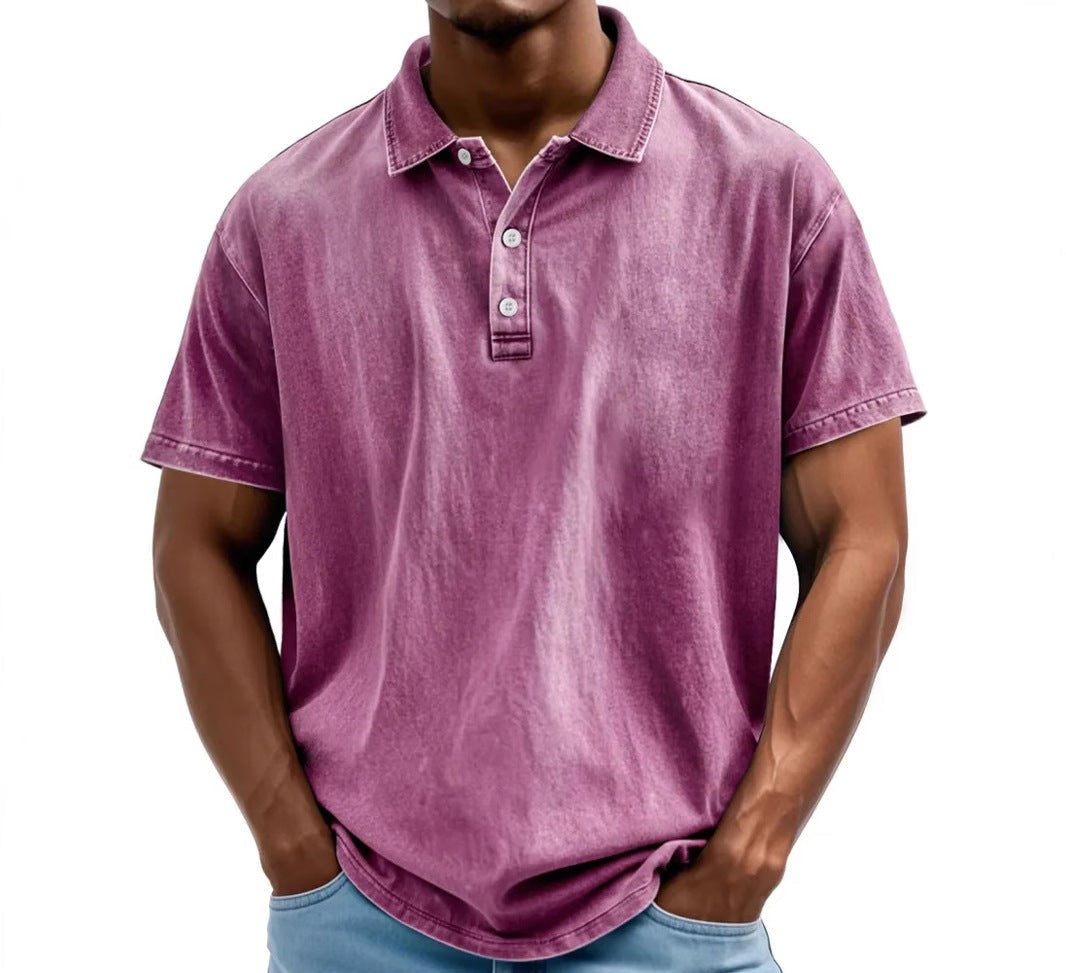 Men's vintage washed polo shirt, pink with 3-button placket and short sleeves