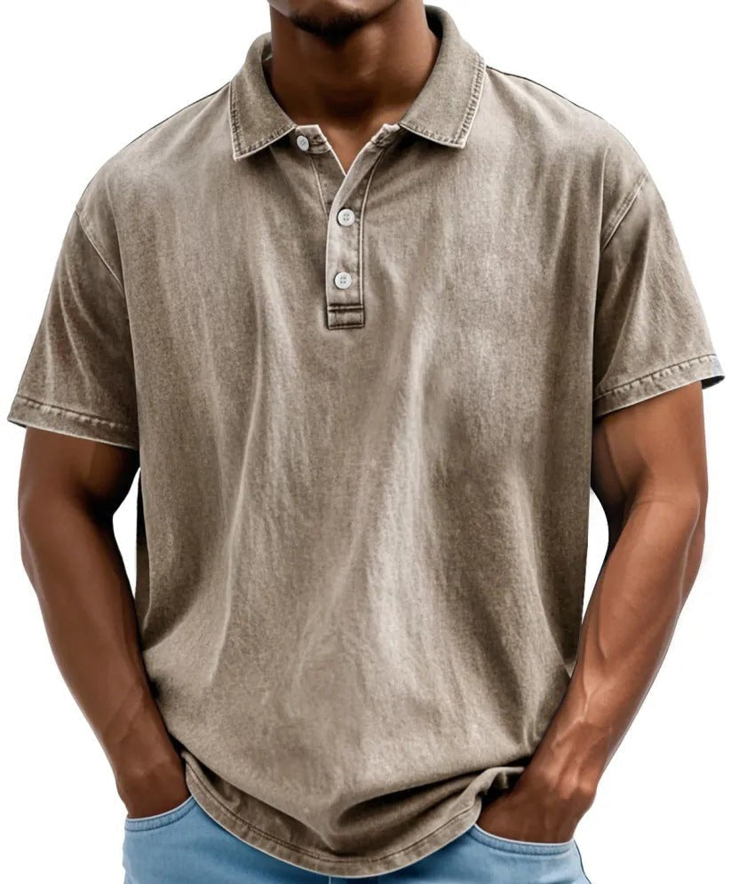 Men's vintage washed polo shirt, khaki with 3-button placket and short sleeves